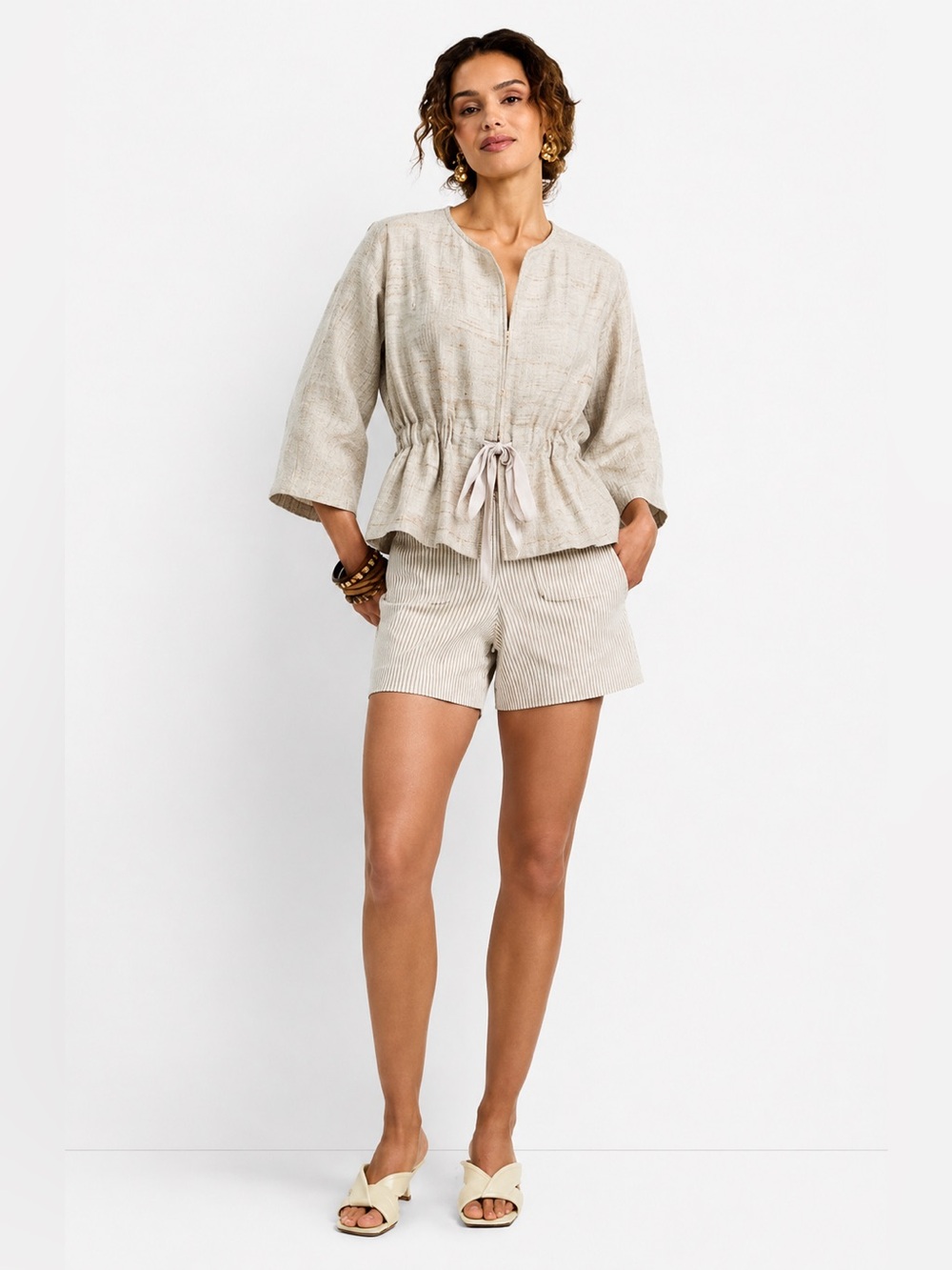 Trina Turk Woven Silk Blazer Jacket Neutral Tan Grosgrain Ribbon Tie Coat Q
